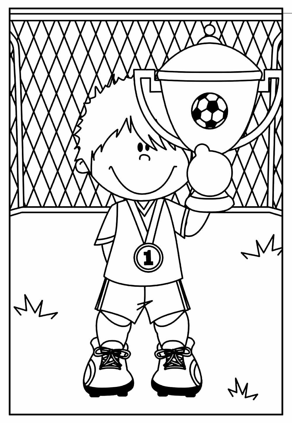 Desenho da Copa do Mundo Criança Segurando Trofeu para Colorir