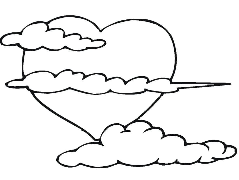 Desenho de Coração e Nuvens para Colorir