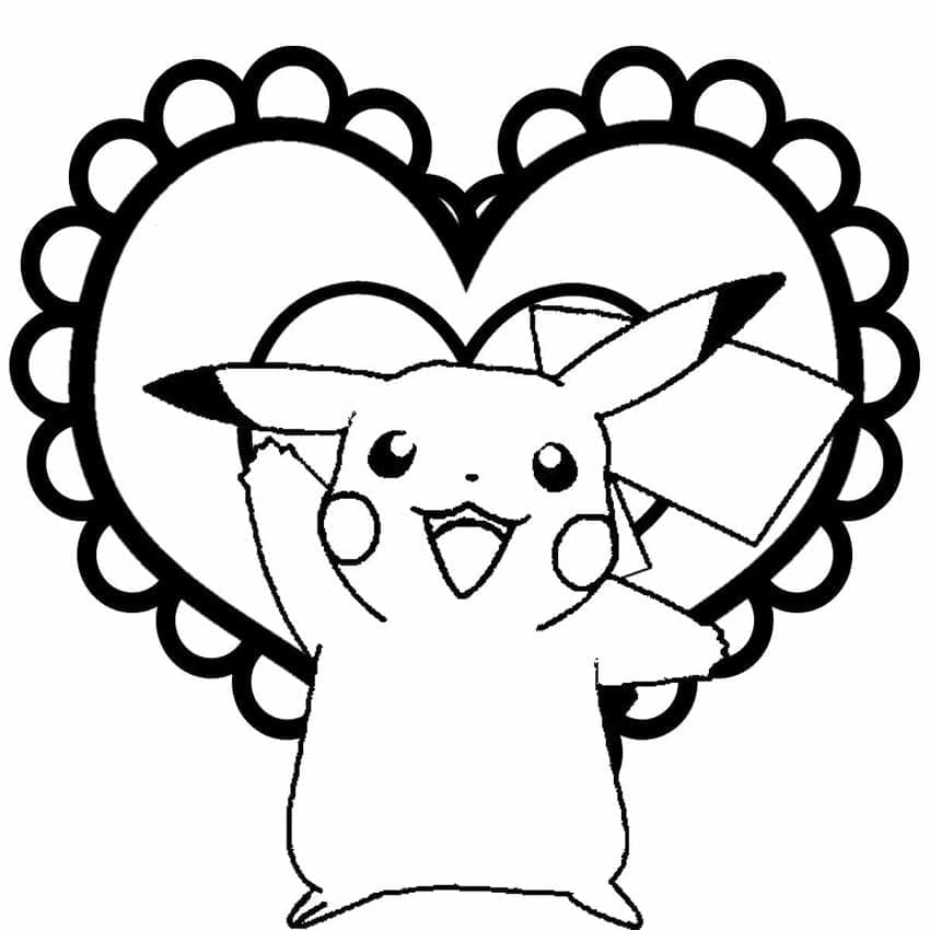 Desenho de Pikachu e Coração para Colorir