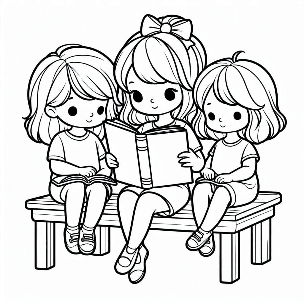 Desenho de as Meninas Estão Lendo para Colorir
