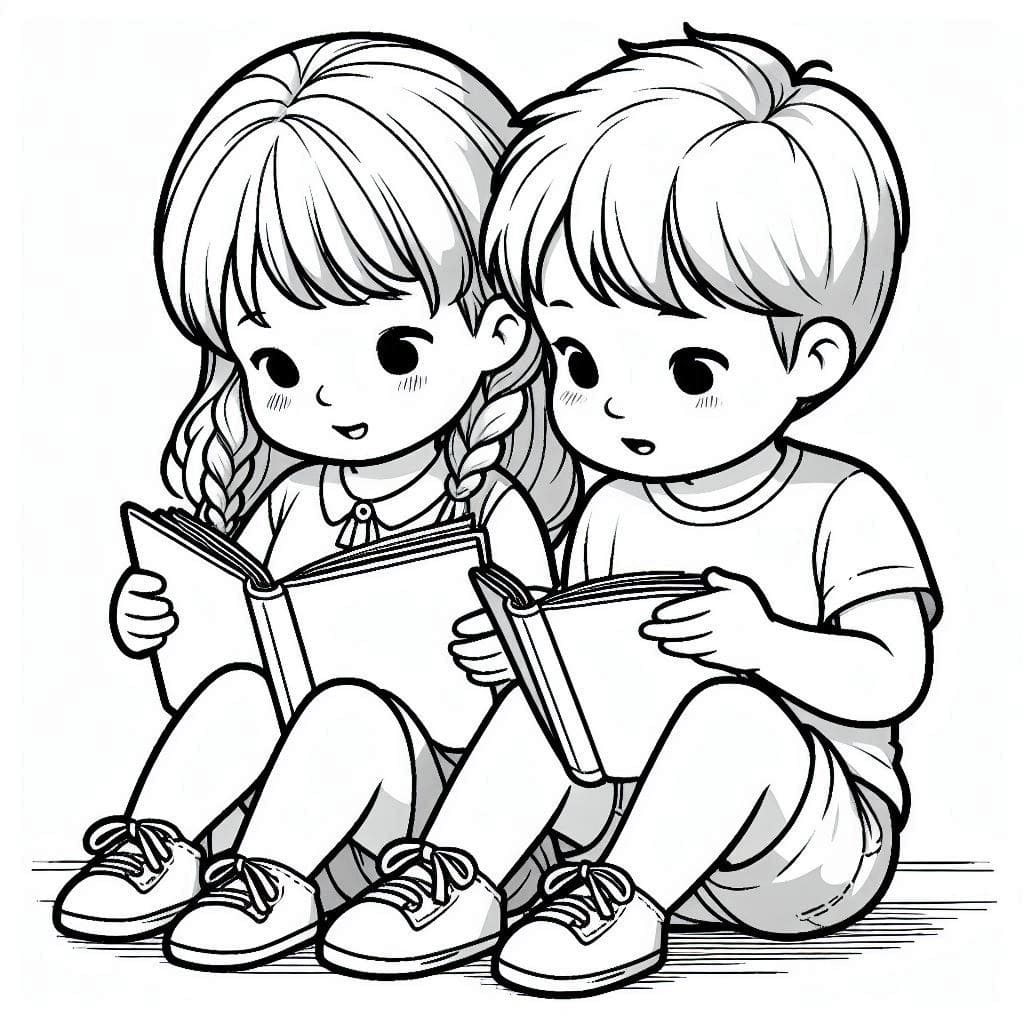Desenho de Crianças Fofas Estão Lendo para Colorir