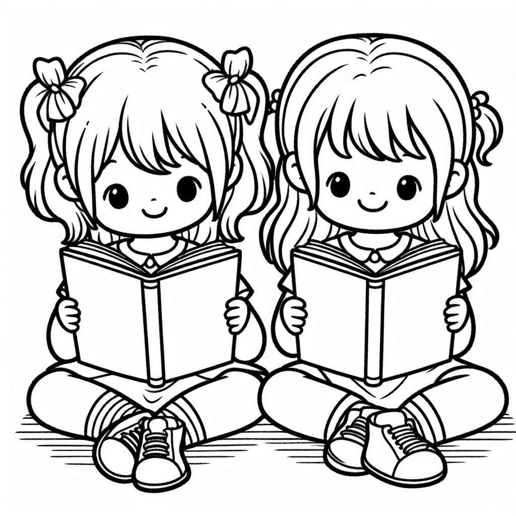 Desenho de Crianças Lendo Grátis para Crianças para Colorir