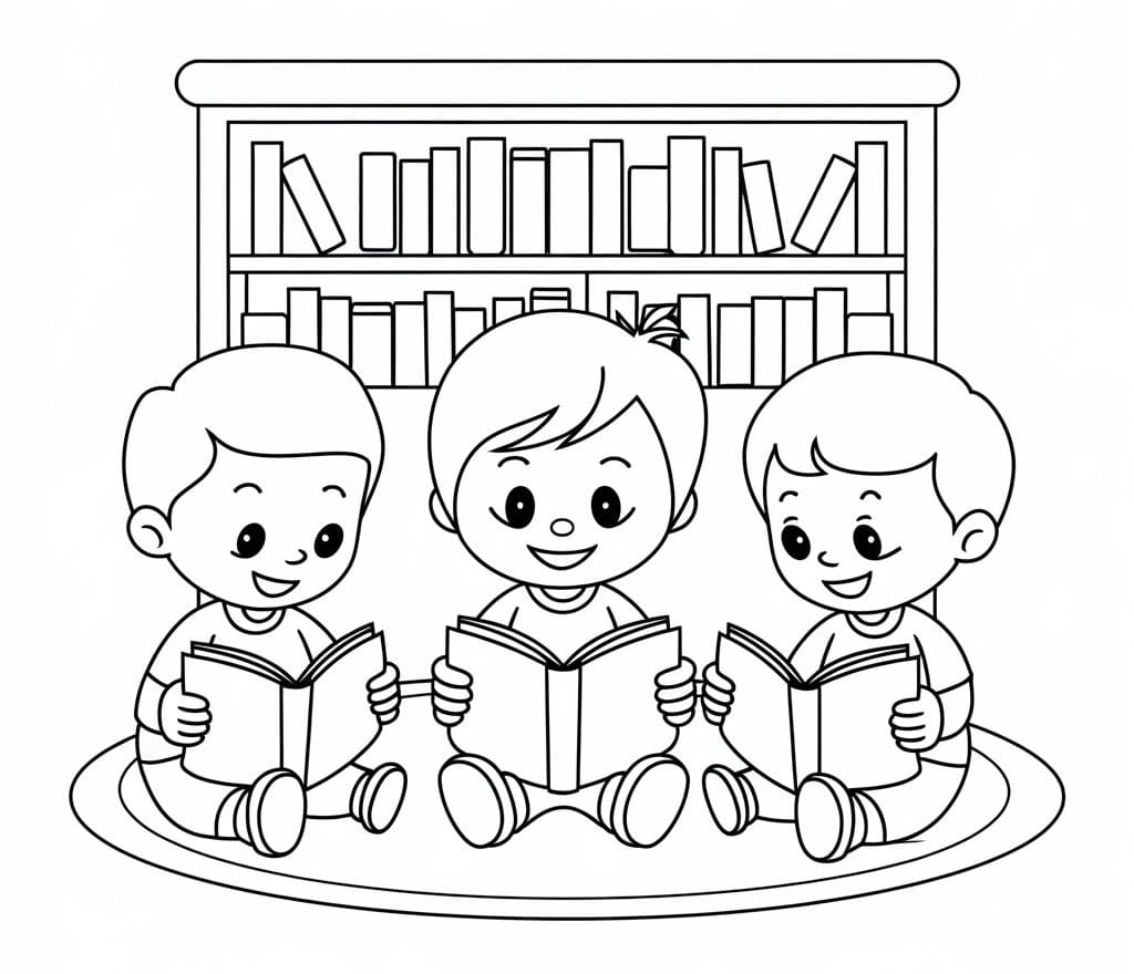 Desenho de Crianças Lendo Imprimivel Grátis para Crianças para Colorir
