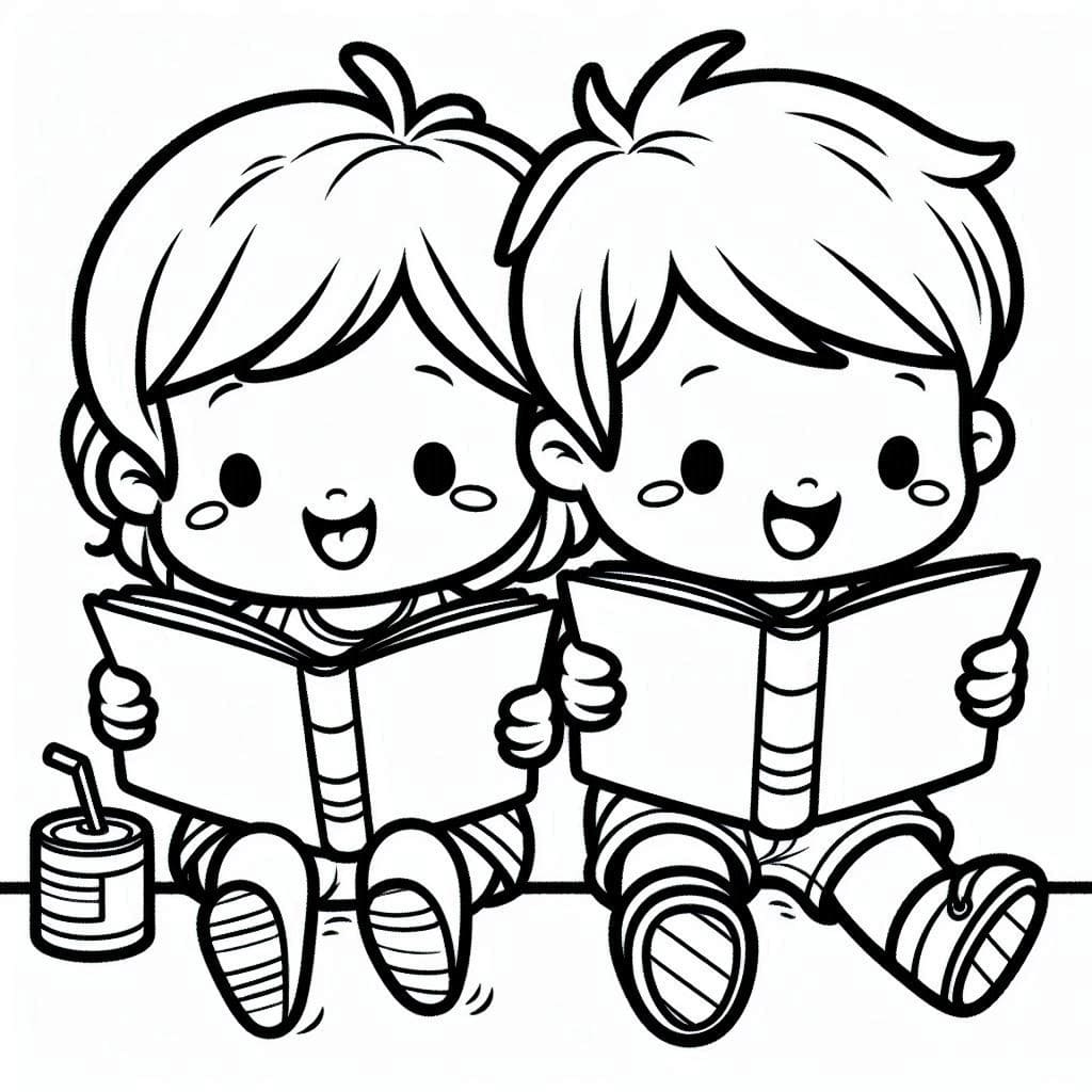 Desenho de Crianças Lendo Imprimivel Grátis para Colorir