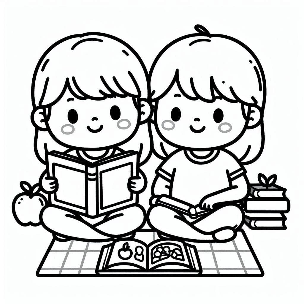 Desenho de Crianças Lendo Imprimivel para Crianças para Colorir