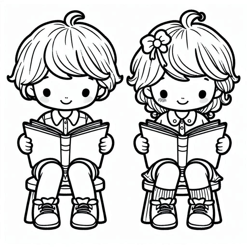 Desenho de Crianças Lendo Imprimivel para Colorir