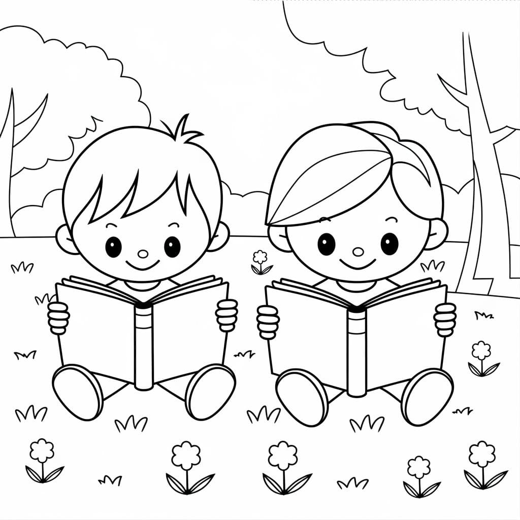 Desenho de Crianças Lendo para Crianças para Colorir