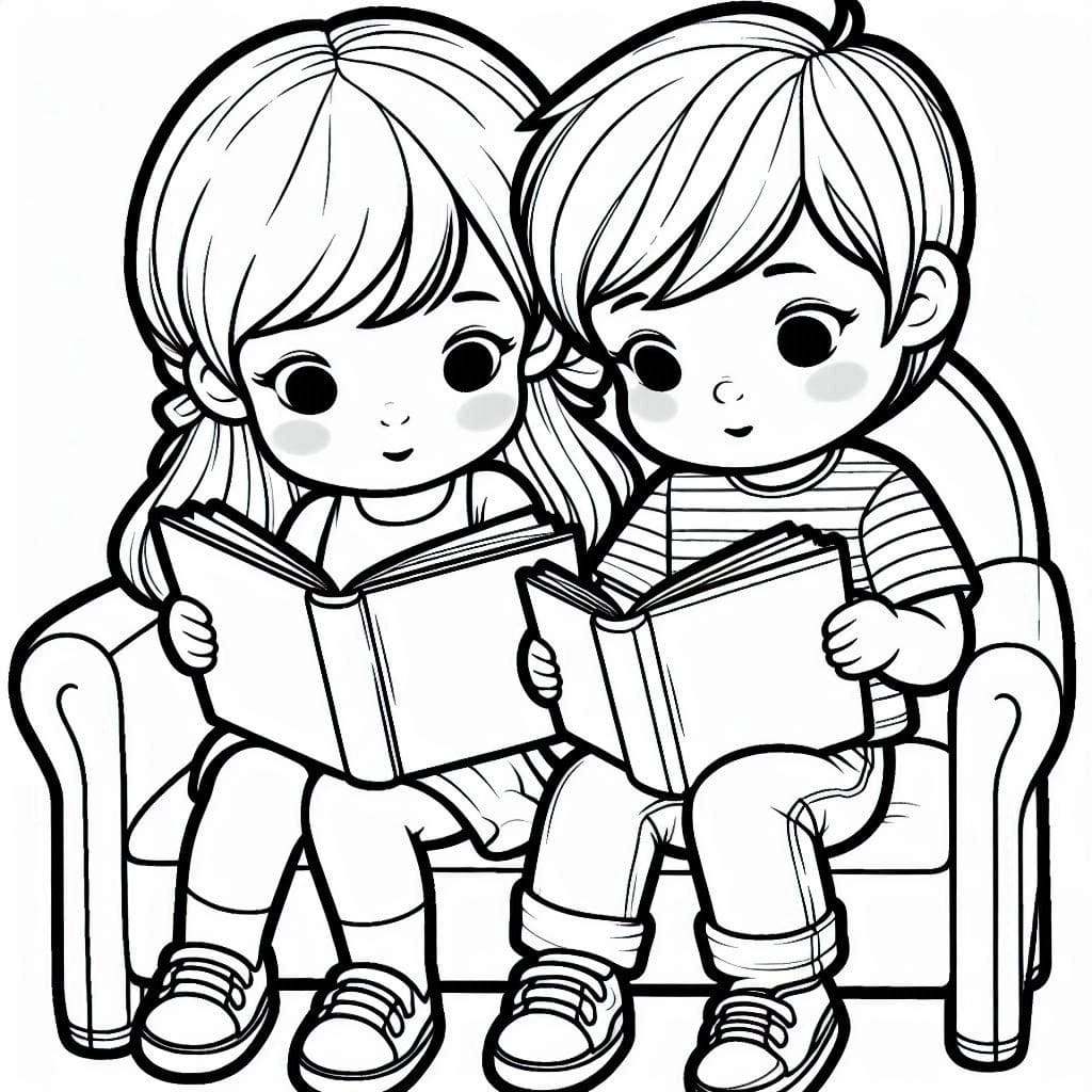 Desenho de Foto de Crianças Lendo para Colorir