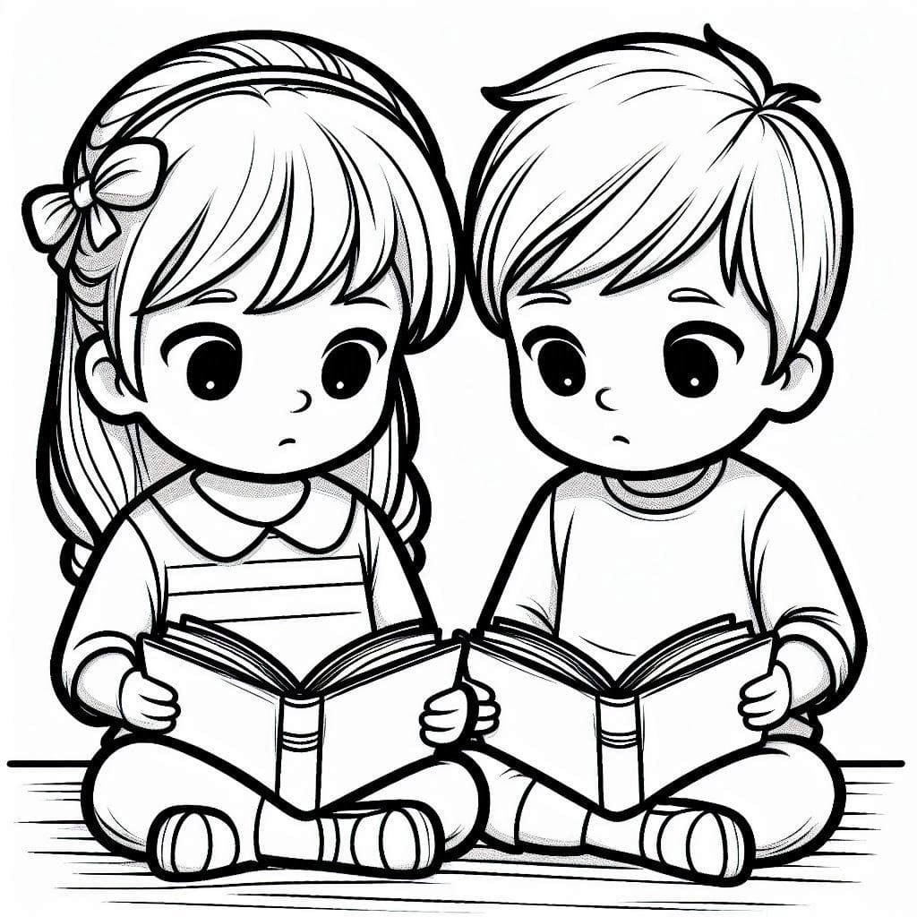 Desenho de Imagem de Crianças Lendo para Colorir