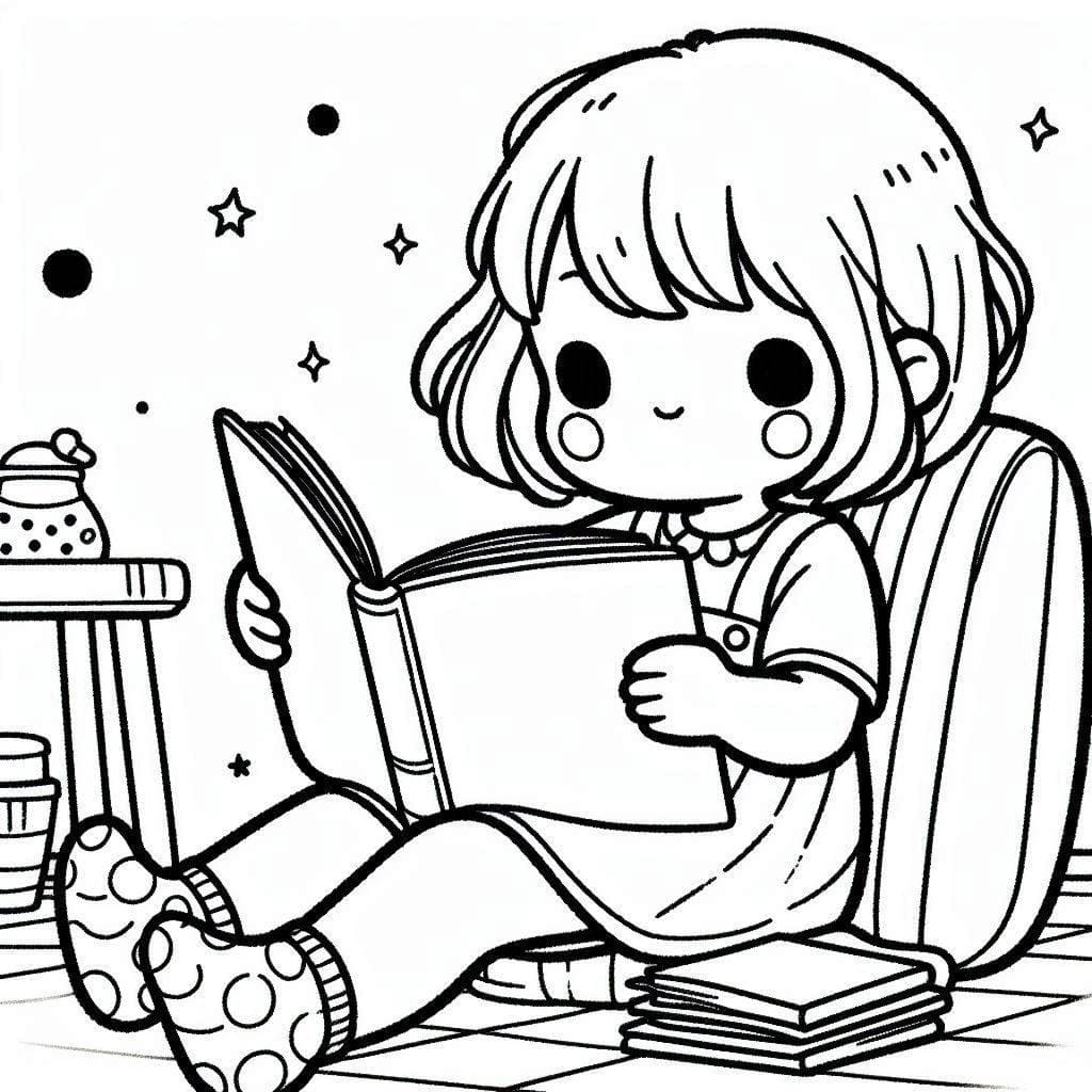 Desenho de Menina Lendo para Colorir