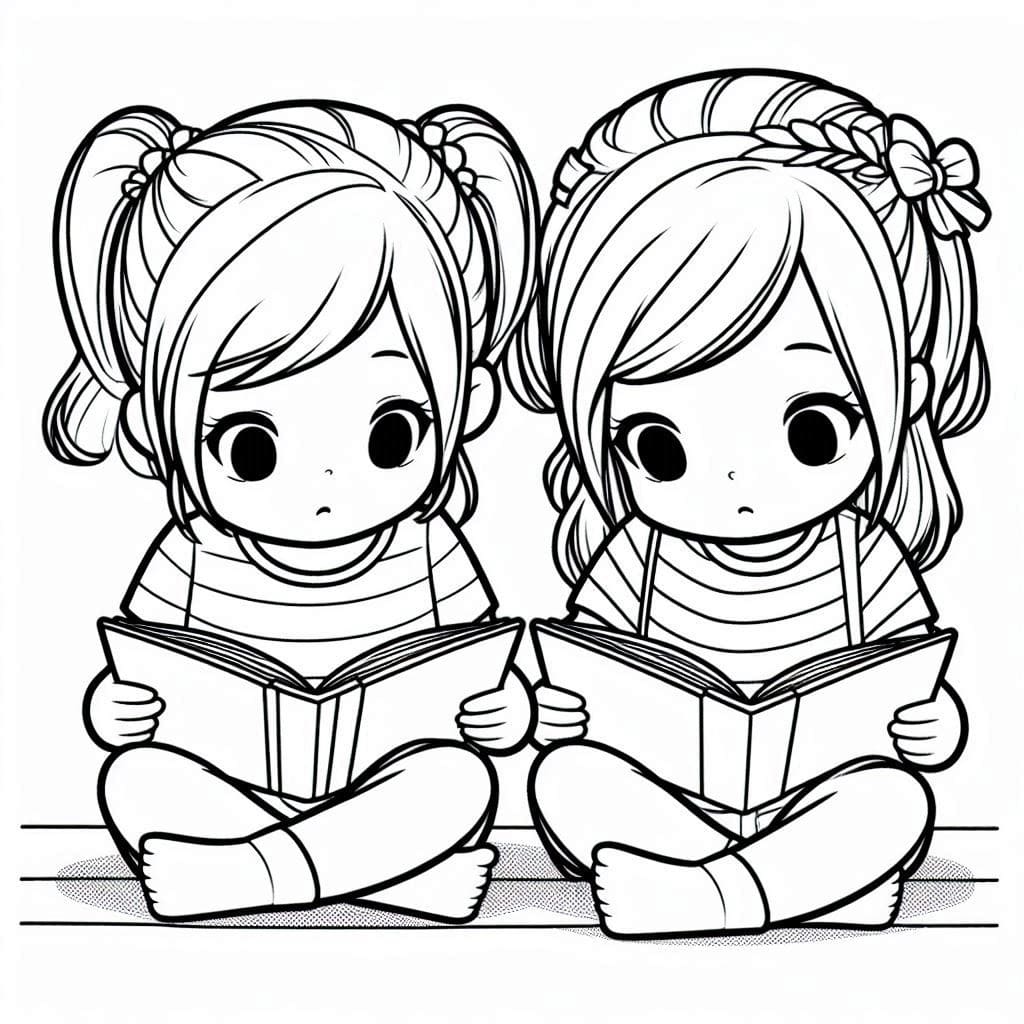 Desenho de Meninas Estão Lendo para Colorir