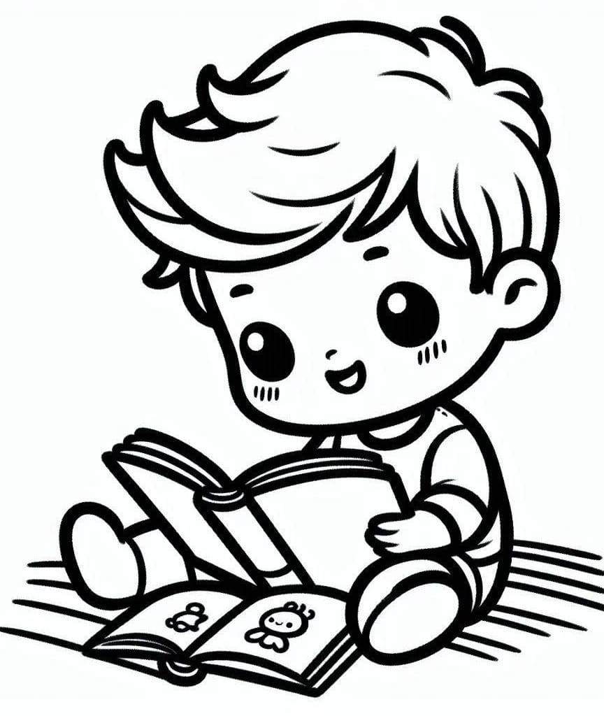Desenho de Menino Bonito Está Lendo para Colorir