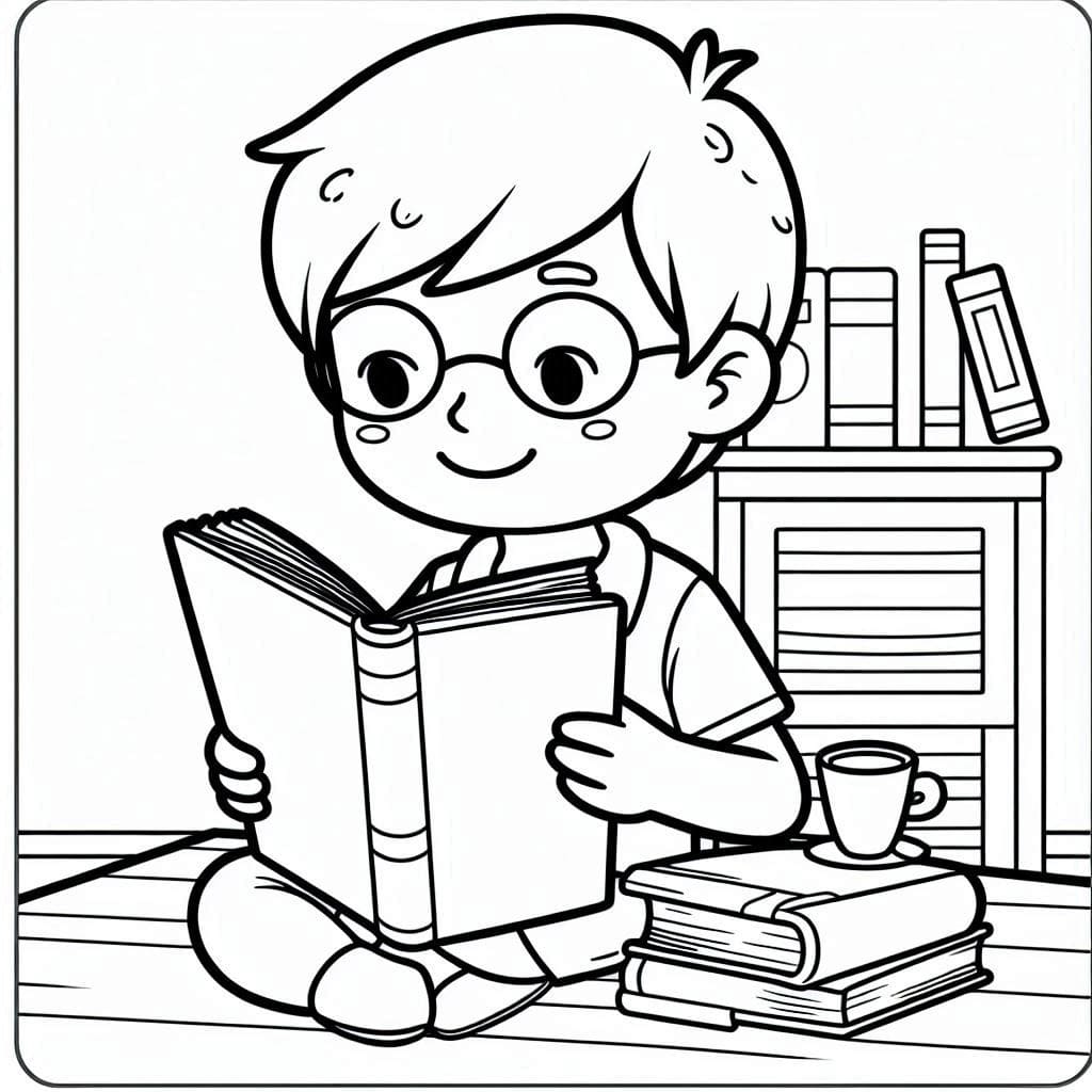 Desenho de Menino Fofo Está Lendo para Colorir