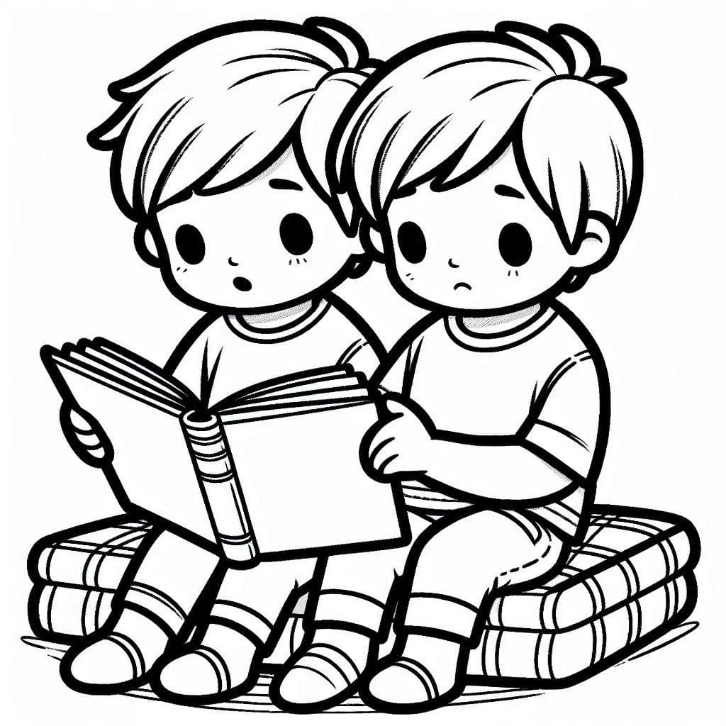 Desenho de Meninos Lendo para Colorir