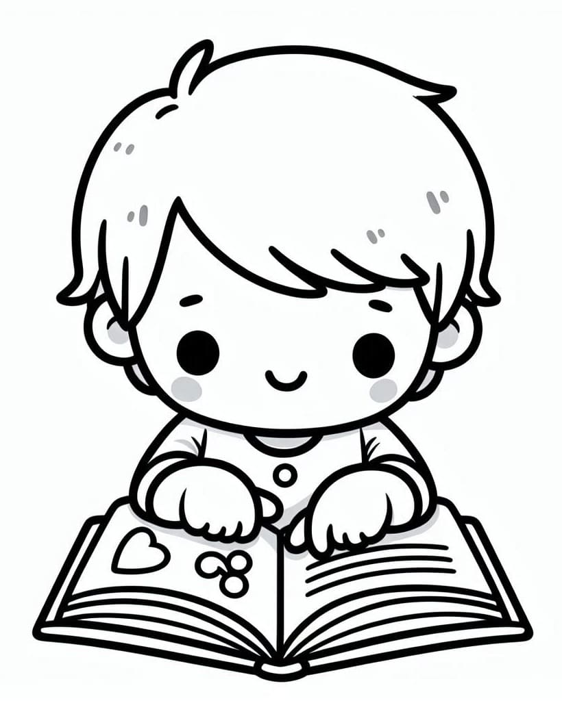 Desenho de um Menino Bonito Está Lendo para Colorir