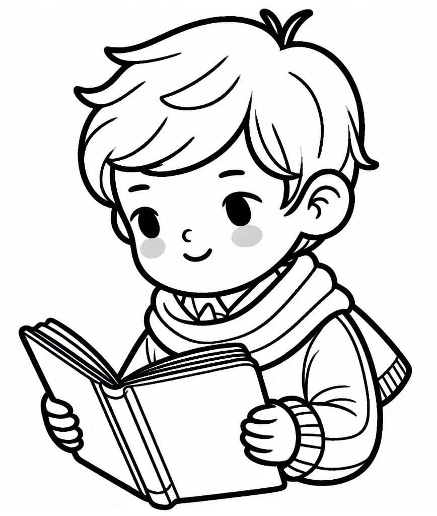 Desenho de um Menino Fofo Está Lendo para Colorir