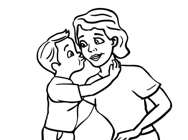 Desenho Filho Beijando Mãe para Colorir