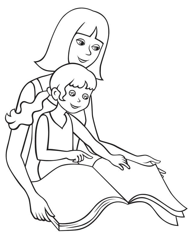 Desenho Mamãe e Filha Lendo Historinha para Colorir