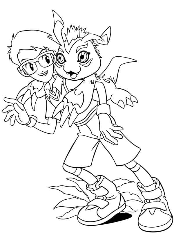 Desenho de Joe Kido e Gomamon para Colorir