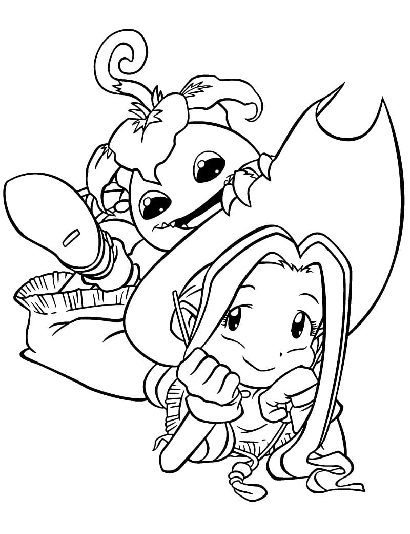 Desenho de Mimi Tachikawa e Palmon para Colorir