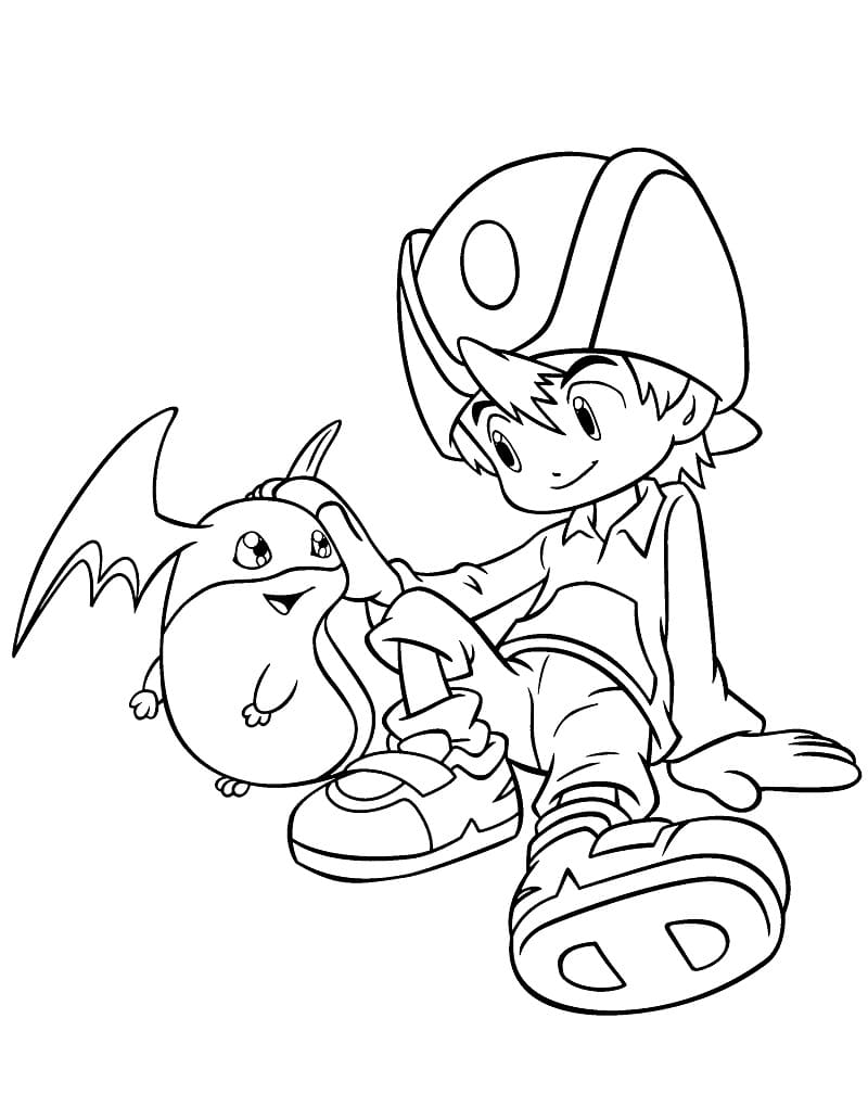 Desenho de Patamon e Takeru Takaishi para Colorir