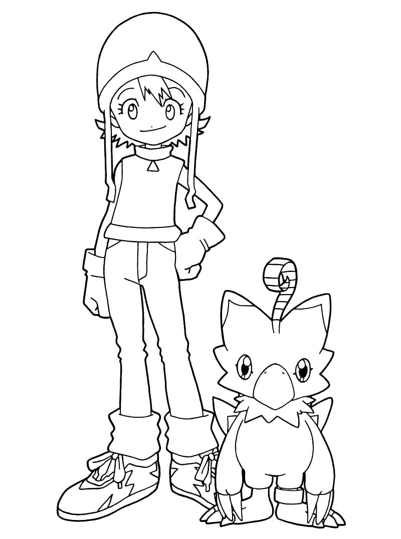Desenho de Sora Takenouchi e Piyomon para Colorir