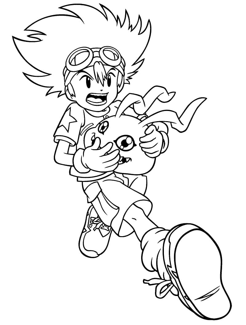 Desenho de Taichi Yagami com Koromon para Colorir