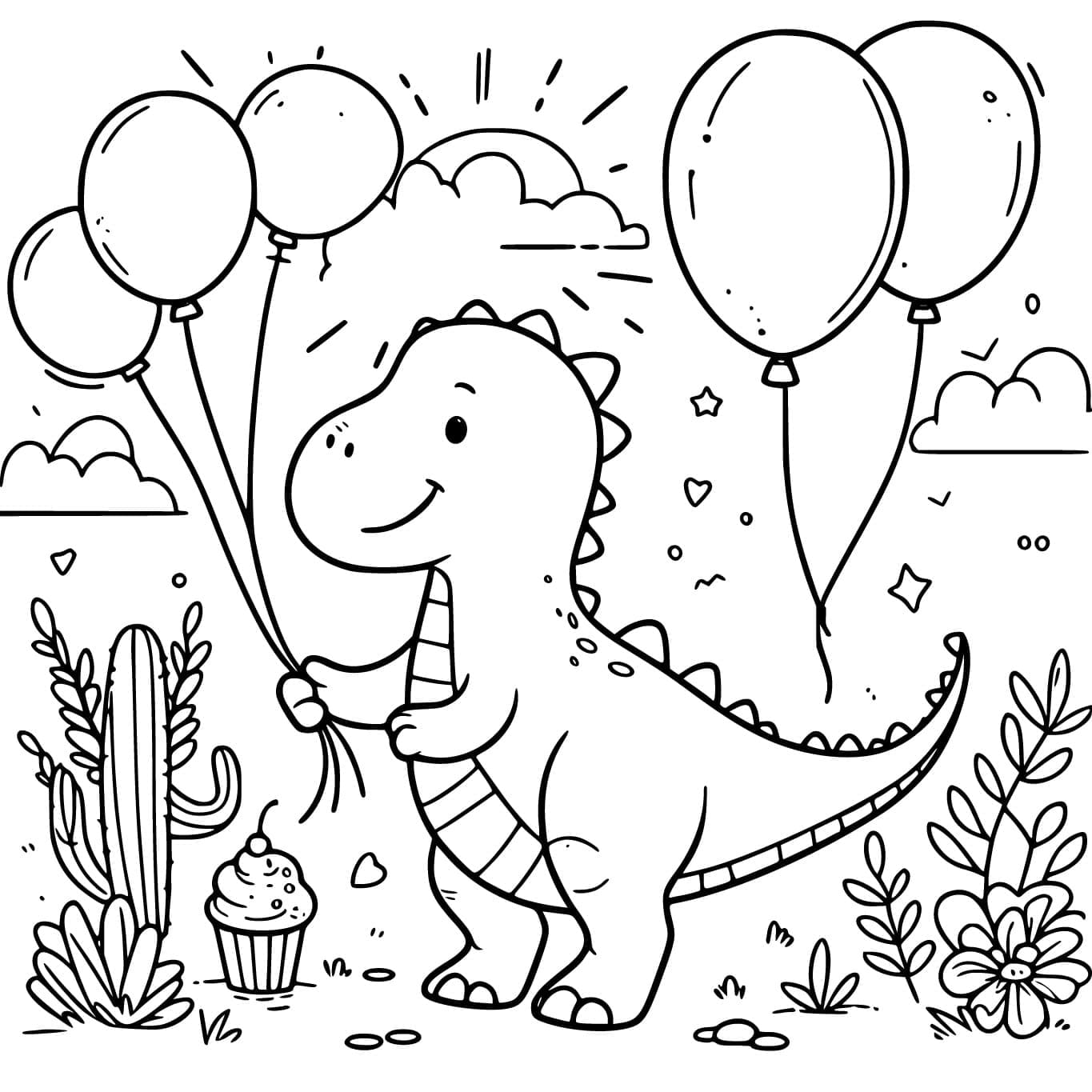Desenho de Dinossauro com Balões para Colorir