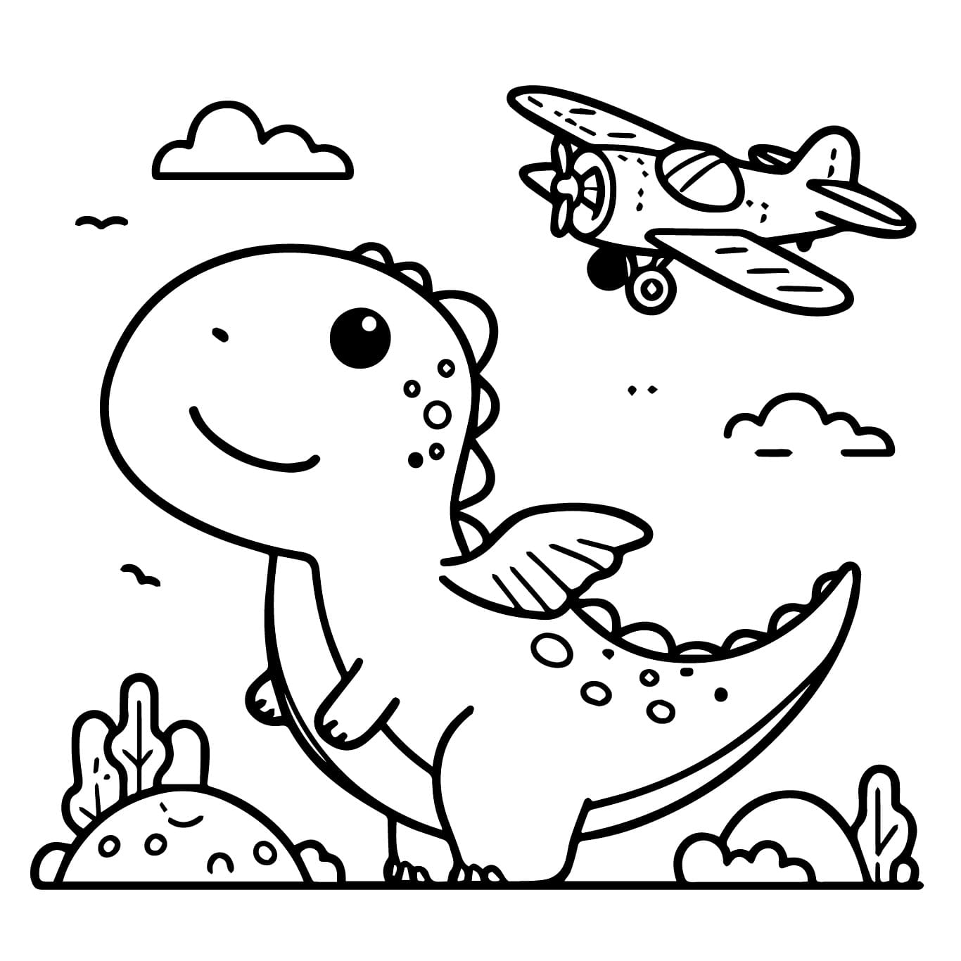 Desenho de Dinossauro e Avião para Colorir