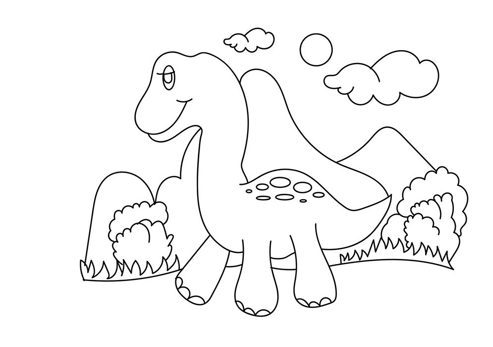 Desenho de Dinossauro Bebê Passeando na Floresta em Pdf para Colorir