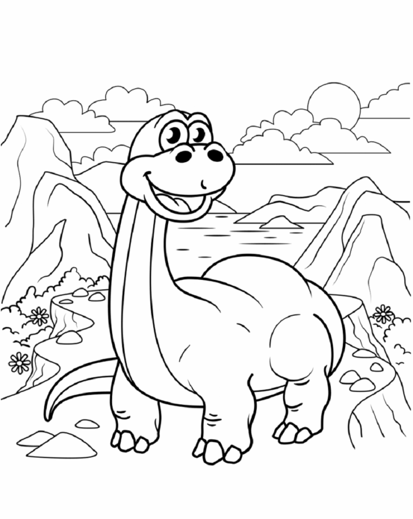 Desenho de Dinossauro Diplodoco Feliz em Cima da Montanha para Colorir
