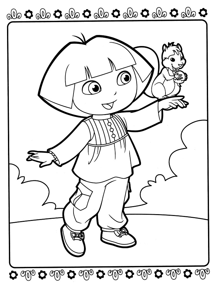 Desenho da Dora Aventureira e Esquilo no Parque para Colorir Grátis