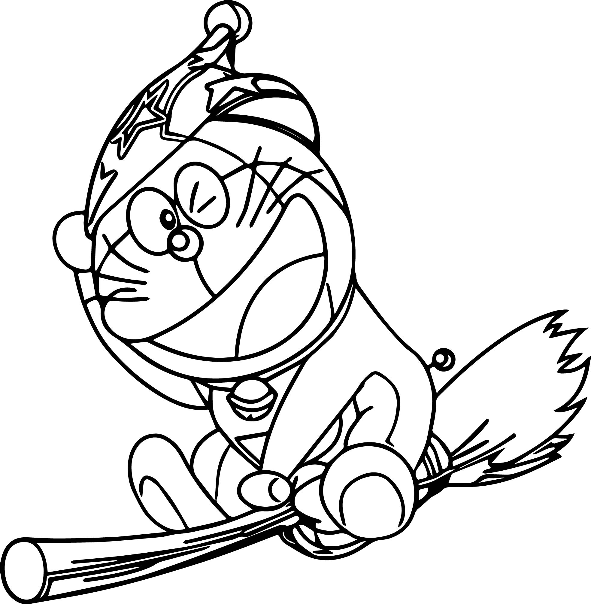 Desenho de Doraemon Voando em Vassourá para Colorir Grátis