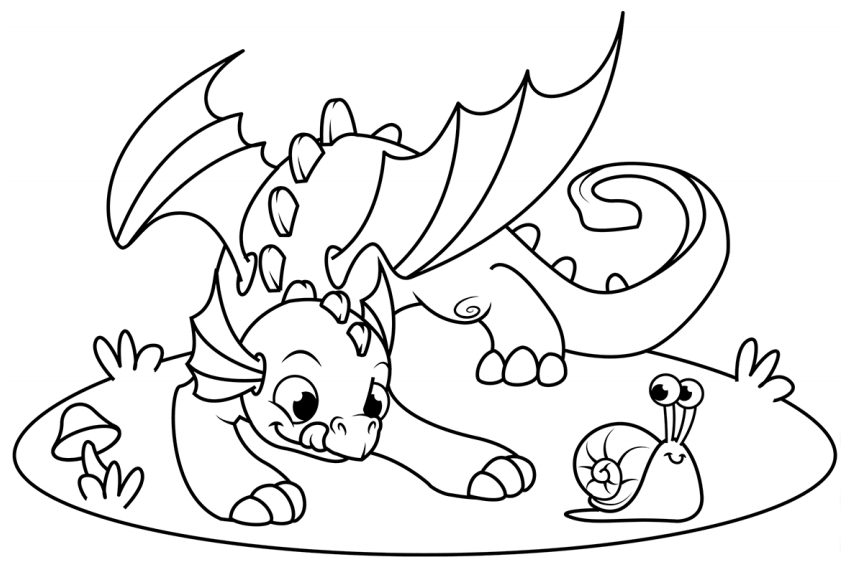 Desenho de Dragão Bebê Brincando com Caracol para Colorir