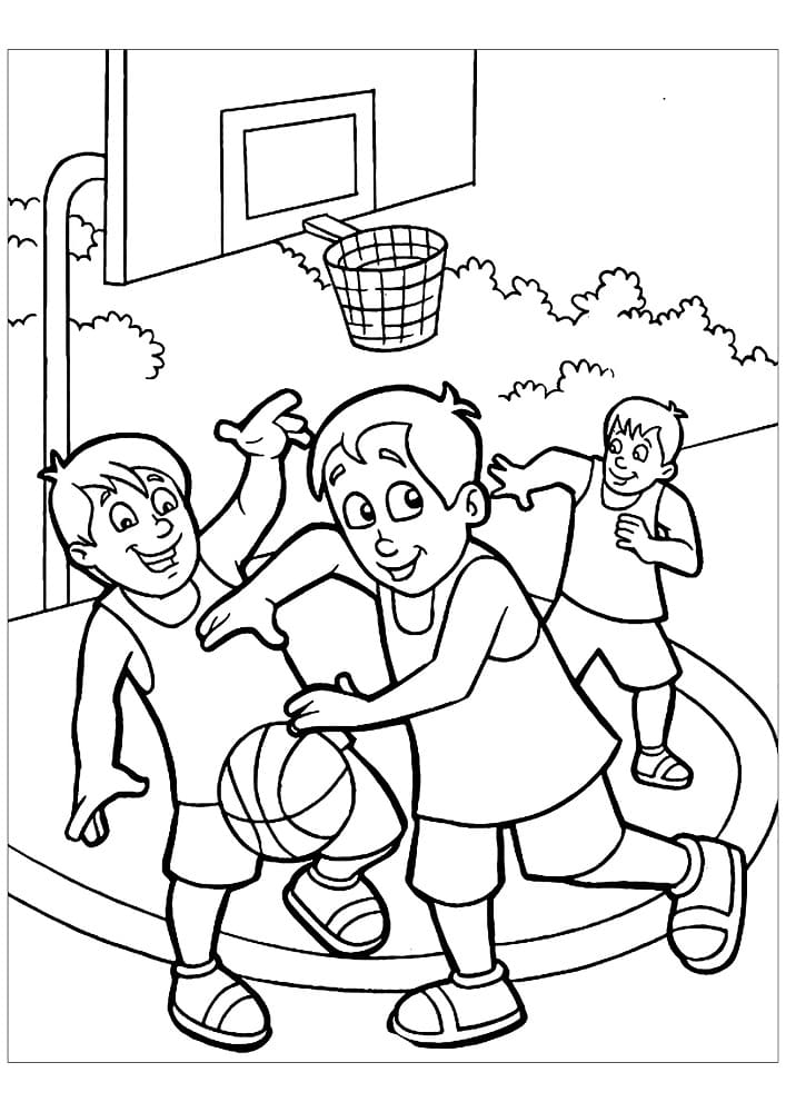 Desenho de Crianças Jogando Basquete para Colorir