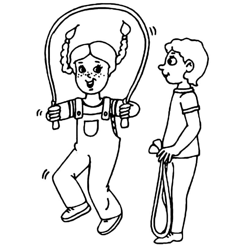 Desenho de Crianças Pulando Corda para Colorir