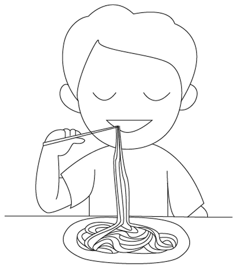 Desenho de Menino Comendo Espaguete para Colorear