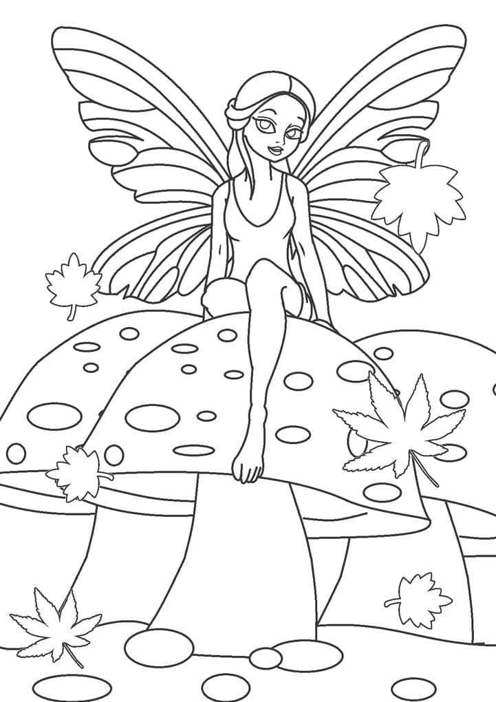 Desenho de Fada Sentada no Cogumelo para Colorir