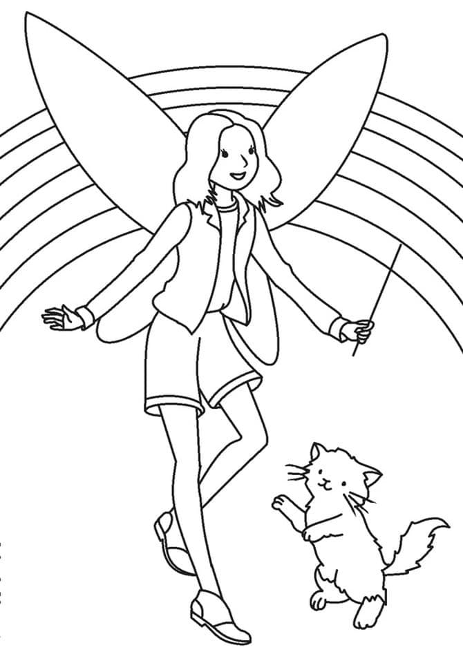 Desenho de Fada e Gato para Colorir