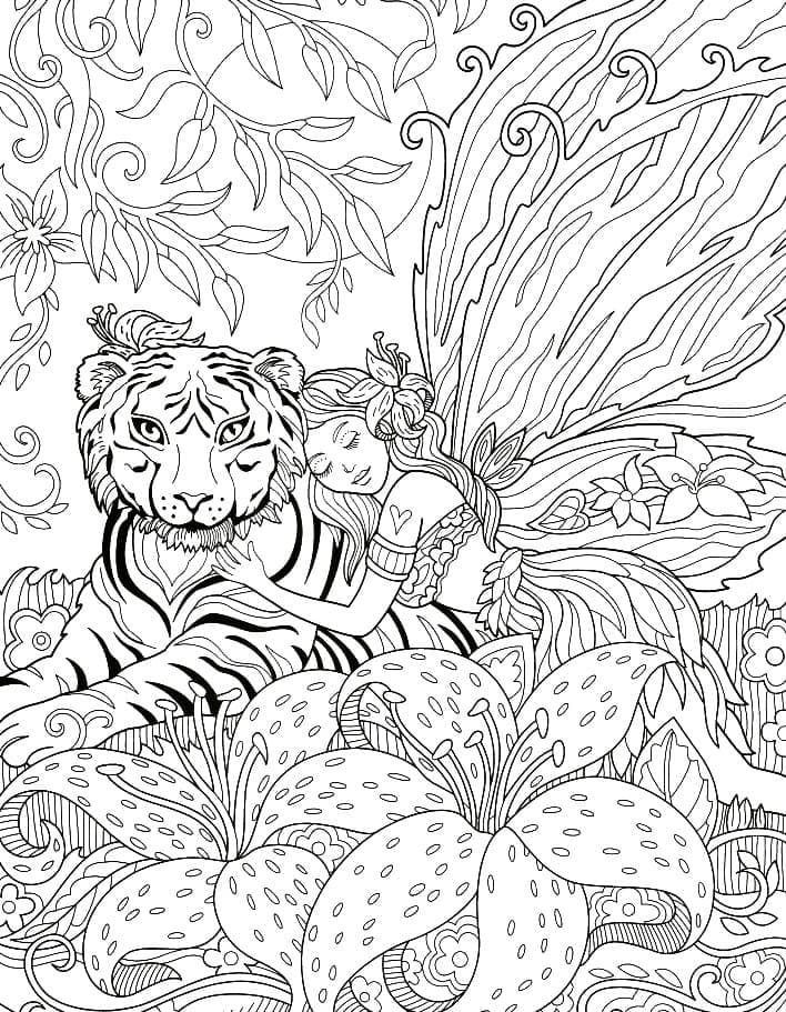 Desenho de Fada e Tigre para Colorir