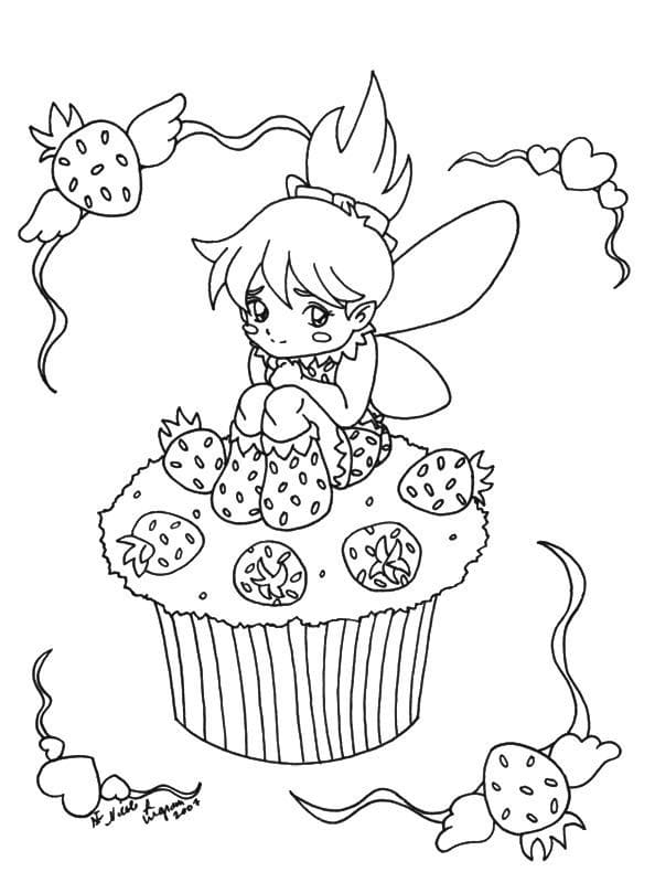 Desenho de Fada em um Cupcake para Colorir