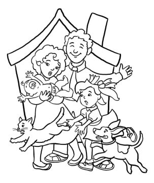 Desenho de Uma família em Frente a casa com Seus Filhos e Pets para Colorir