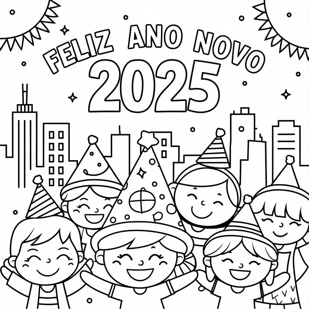 Desenho de Bem Vindo Ano Novo 2025 para Colorir
