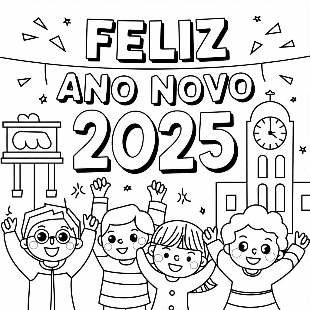 Desenho de Crianças Felizes no Ano Novo 2025 para Colorir