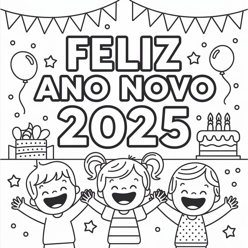Desenho de Crianças no Ano Novo 2025 para Colorir