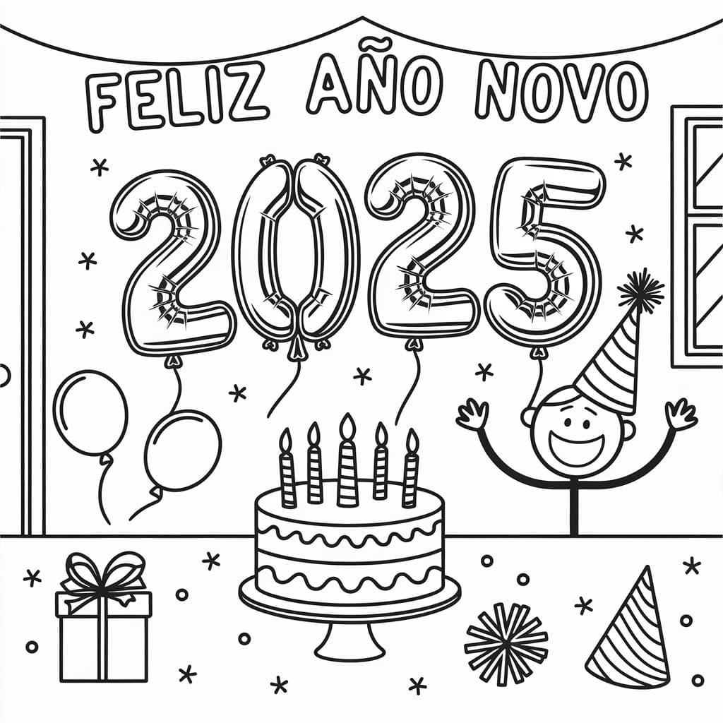 Desenho de Feliz Ano Novo 2025 Grátis para Crianças para Colorir