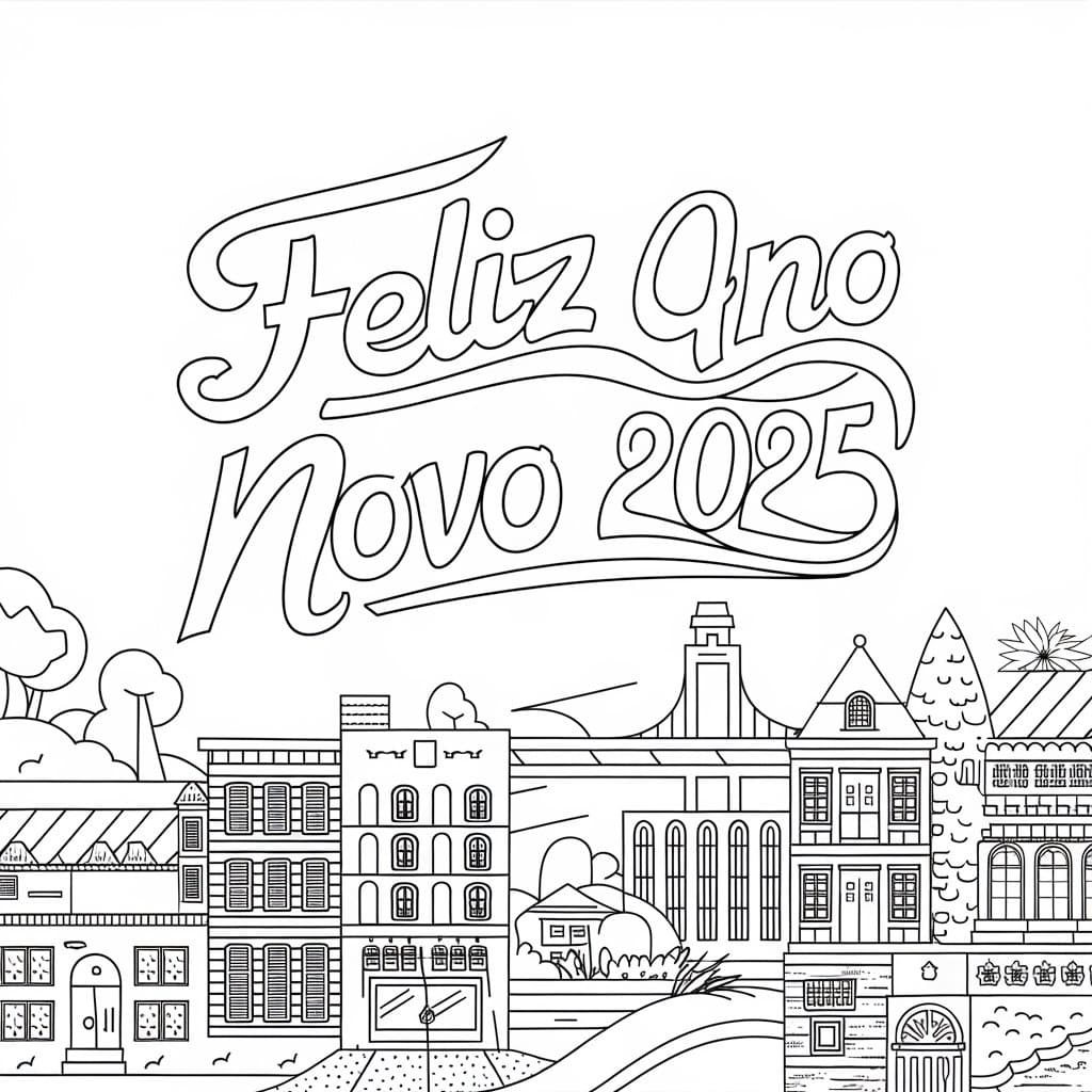 Desenho de Feliz Ano Novo 2025 Grátis para Colorir