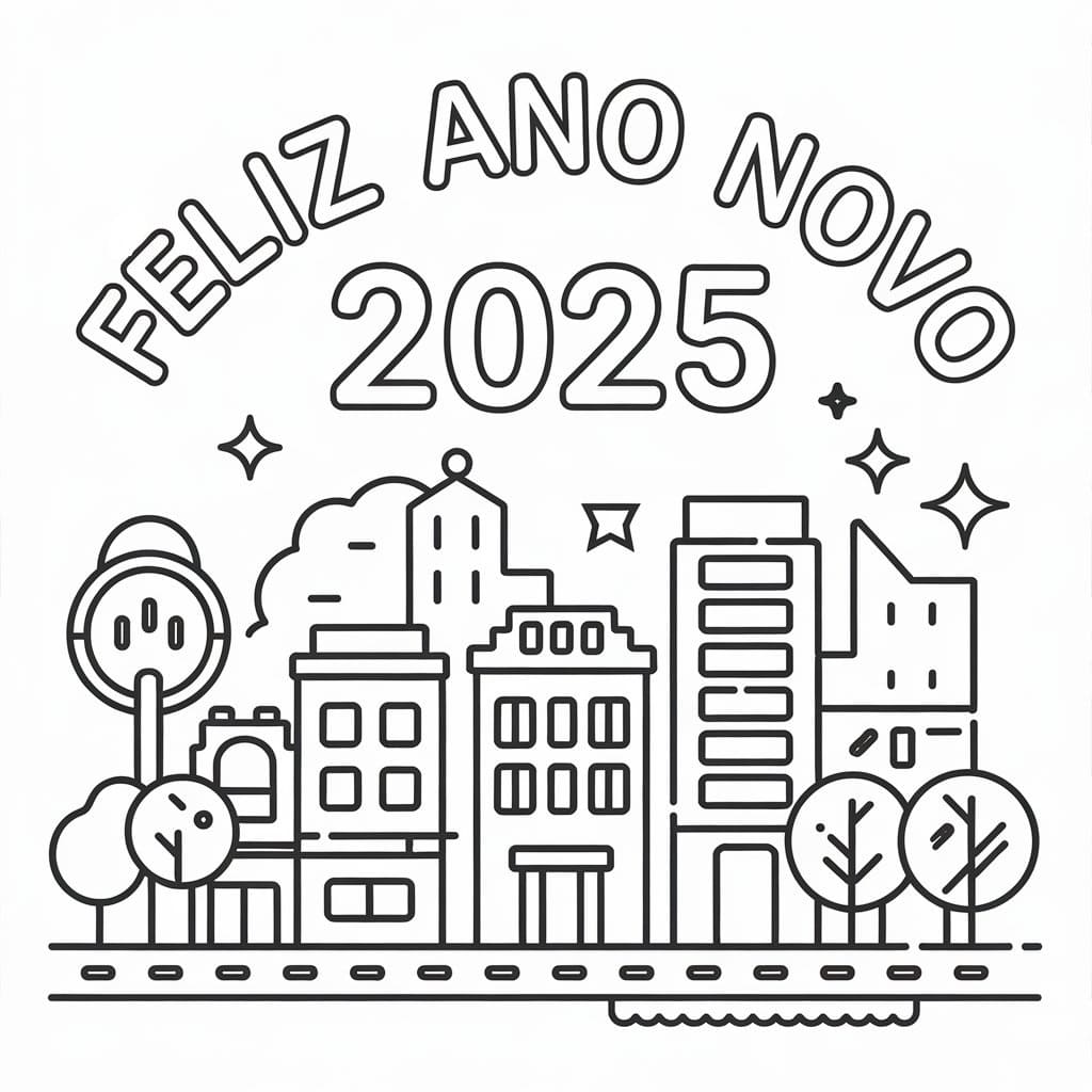 Desenho de Feliz Ano Novo 2025 Imprimivel Grátis para Crianças para Colorir
