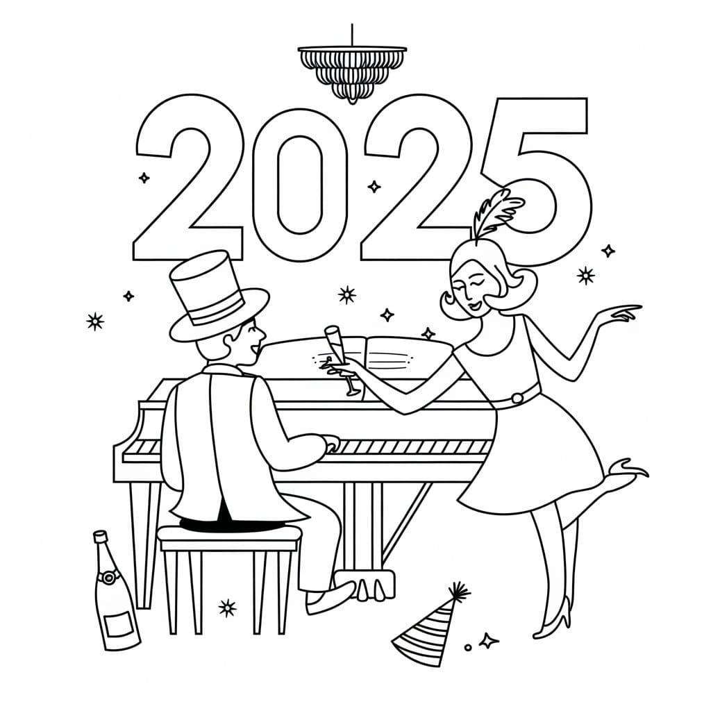 Desenho de Feliz Ano Novo 2025 Imprimivel Grátis para Colorir