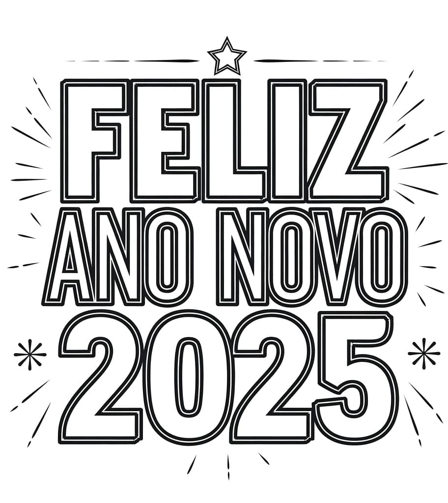 Desenho de Feliz Ano Novo 2025 Imprimivel para Crianças para Colorir